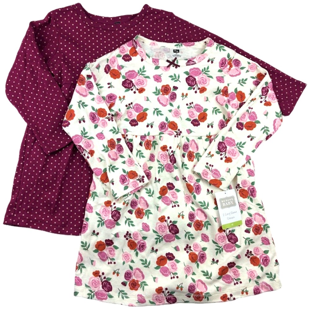 Hudson Baby Girl Sz 4T Long Sleeve Dress Lot Floral Rose Burgundy Polka‎ Dot NWT
